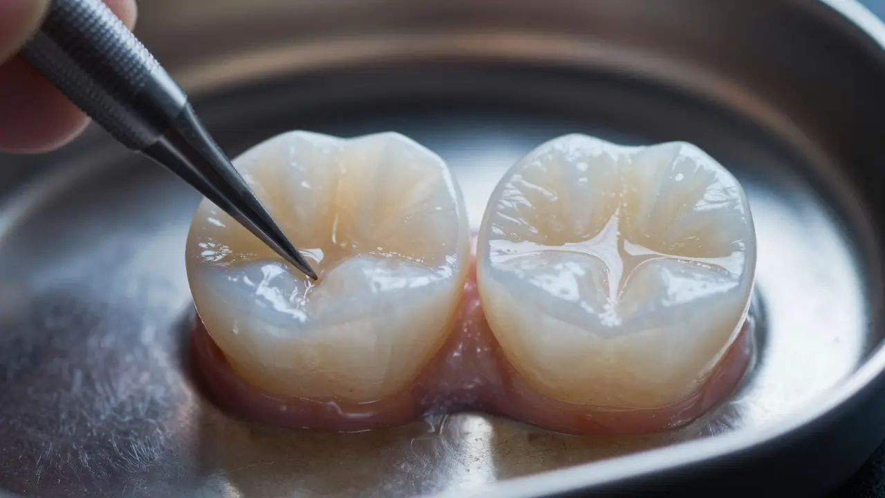 Detailní záběr kompozitního materiálu a keramické fazety