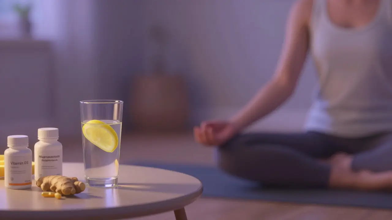 Klidná scéna meditace s vodou s citronem a doplňky stravy pro snížení stresu