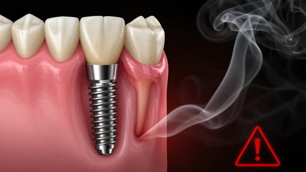 Konceptuální ilustrace vlivu kouření na hojení implantátu