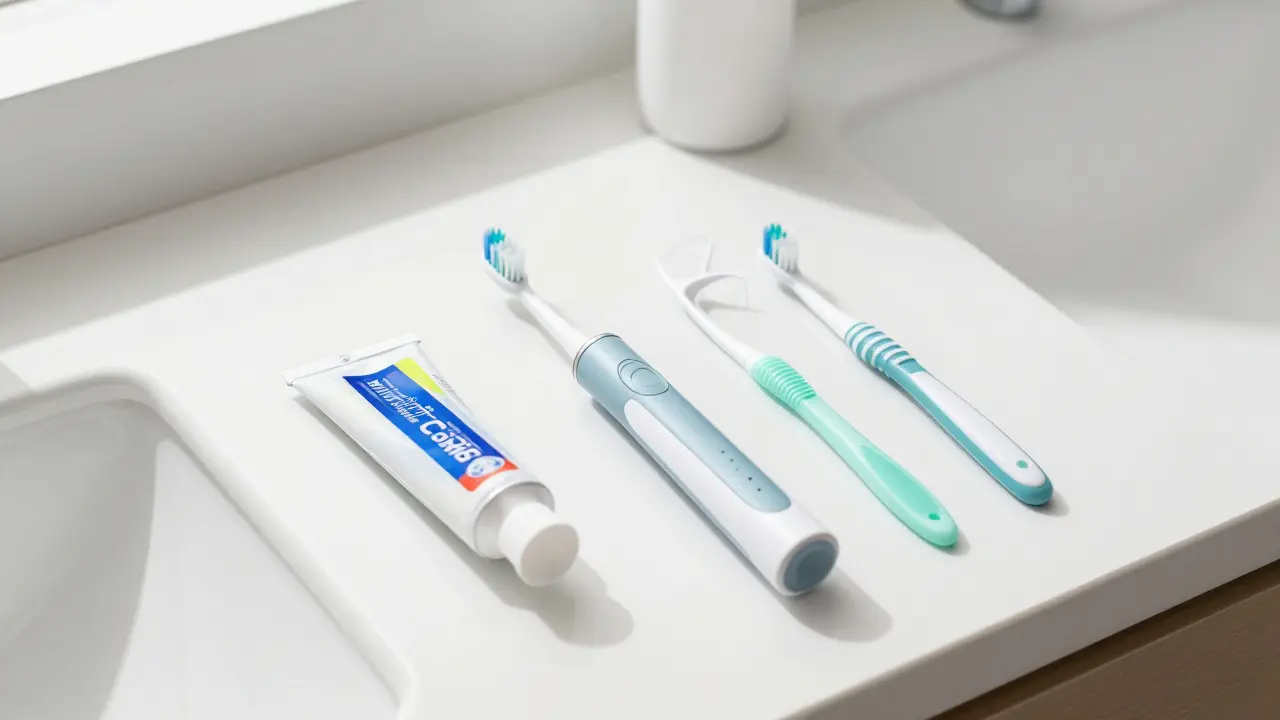 Ortodontické hygienické potřeby jako kartáček a nit na čistém pultu