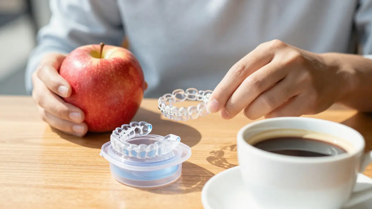 Transparentní aligner v pouzdře vedle jablka na stole