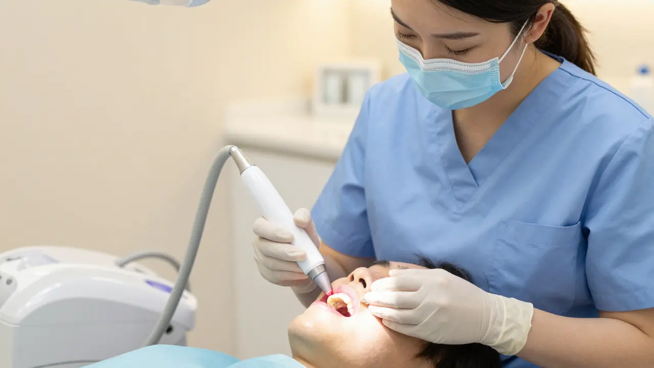 Zubní hygienista používá laserovou diagnostiku