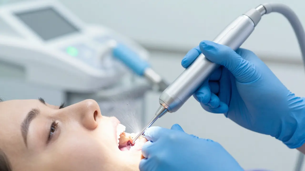 Zubní lékař používá ultrazvukový scaler k čištění zubního kamene