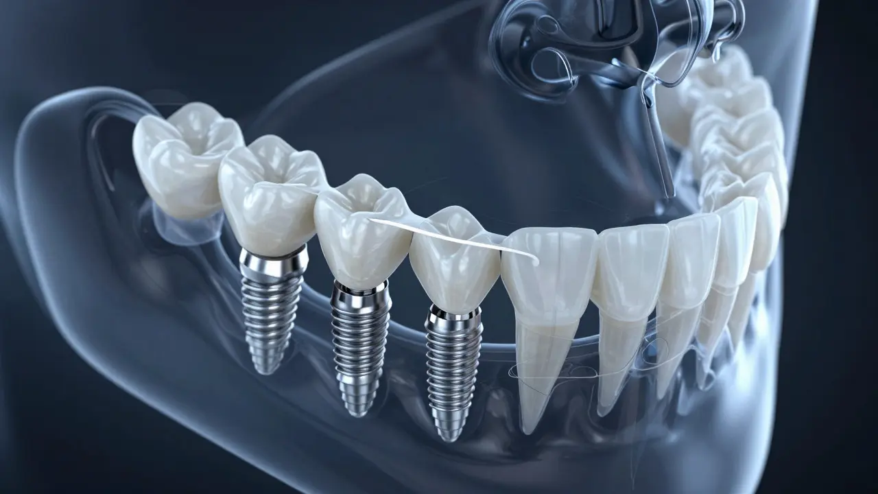 3D vizualizace zubních implantátů a mostu v čelisti