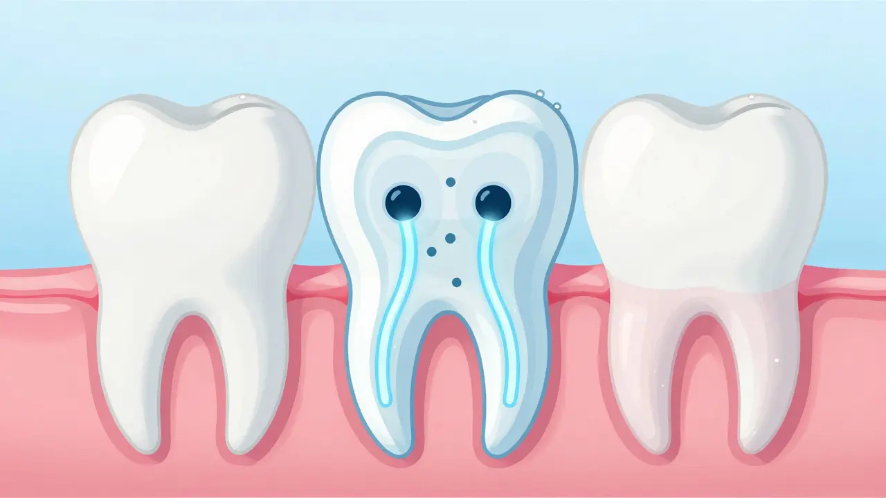 Ilustrace zubu s otevřenými kanálky a ochrannou fluoridovou vrstvou na emalťi