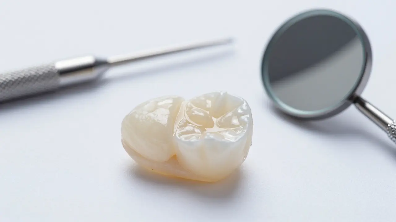 Makro záběr keramického dentálního destičky na bílém pozadí