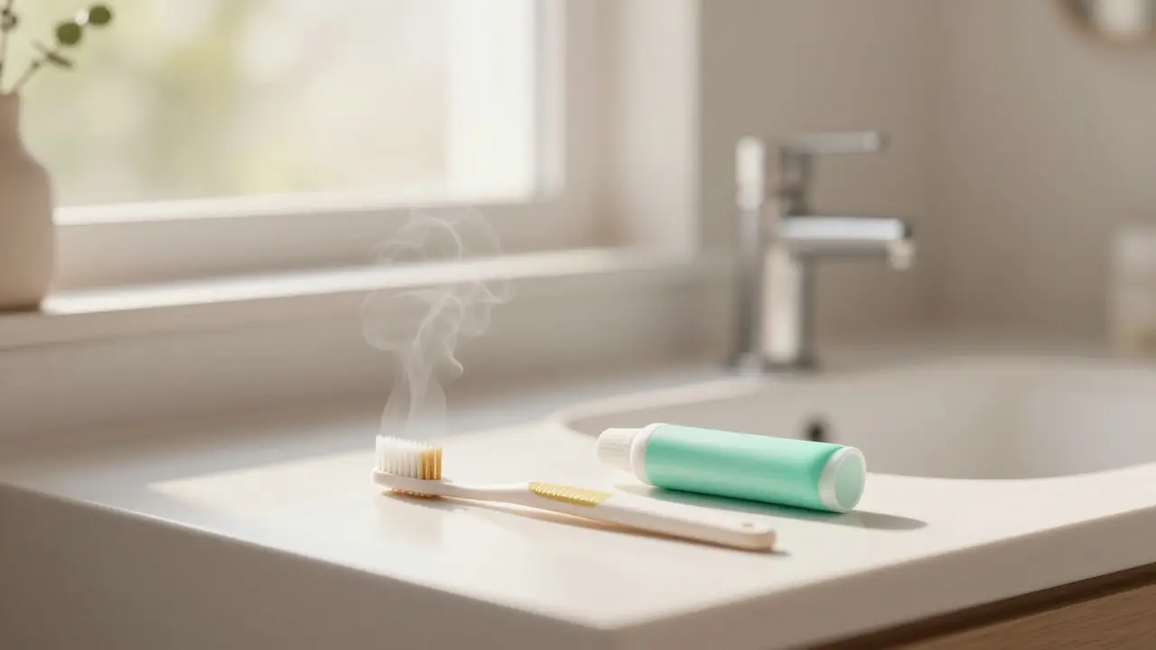 Ranní rutina péče o zuby s fluoridem