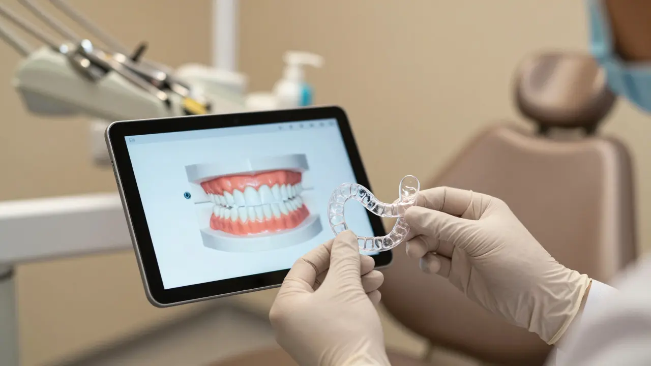 Zubní lékař drží retainer vedle digitálního modelu zubů