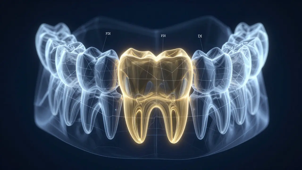 3D model chrupu s osvětlenými zuby ilustrujícími anatomii a číslování