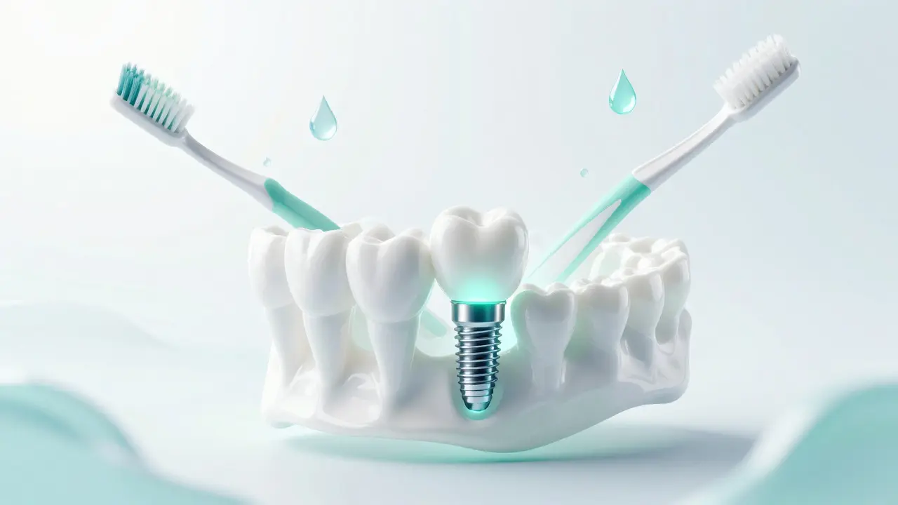 Abstraktní ilustrace zdravé čelisti s implantátem a hygienickými nástroji