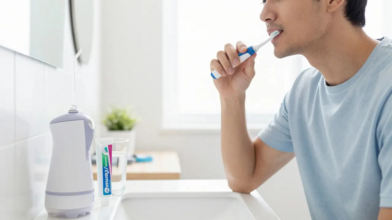 Člověk používající elektrický kartáček a dentální nit v moderní koupelně