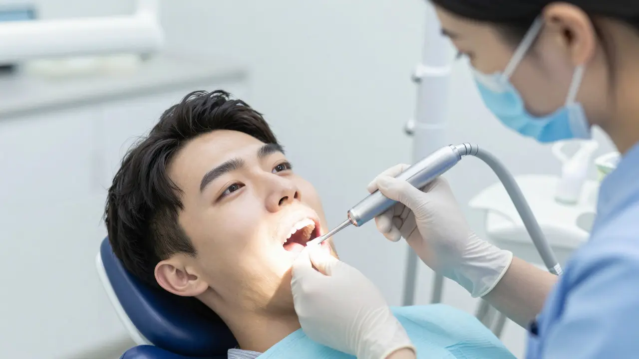 Dentální hygienistka provádí ultrazvukovou kuretaži u pacienta