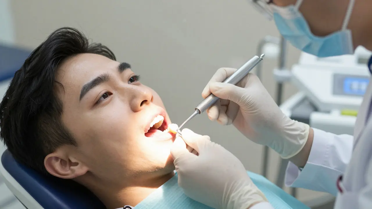Dentista nasazuje hotovou korunku na zub pacienta v křesle