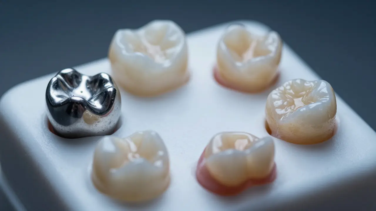 Detailní záběr různých typů zubních korunek a kompozitního onlaye