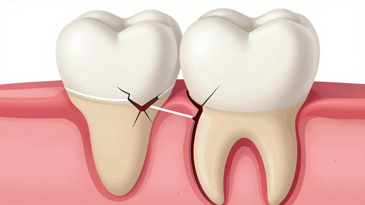 Ilustrace průřezu zubem ukazující různé hloubky prasklin ve sklovině, dentinu a kořeni