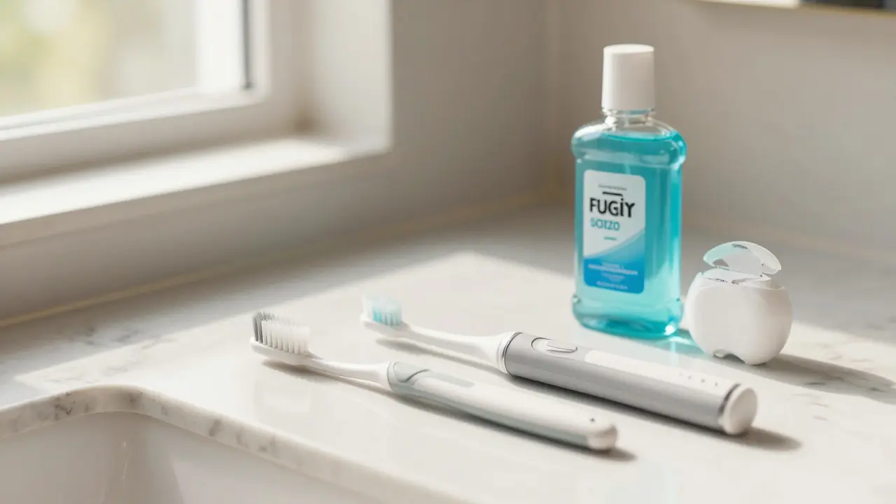 Kartáček a doplňky pro ústní hygienu na umyvadle
