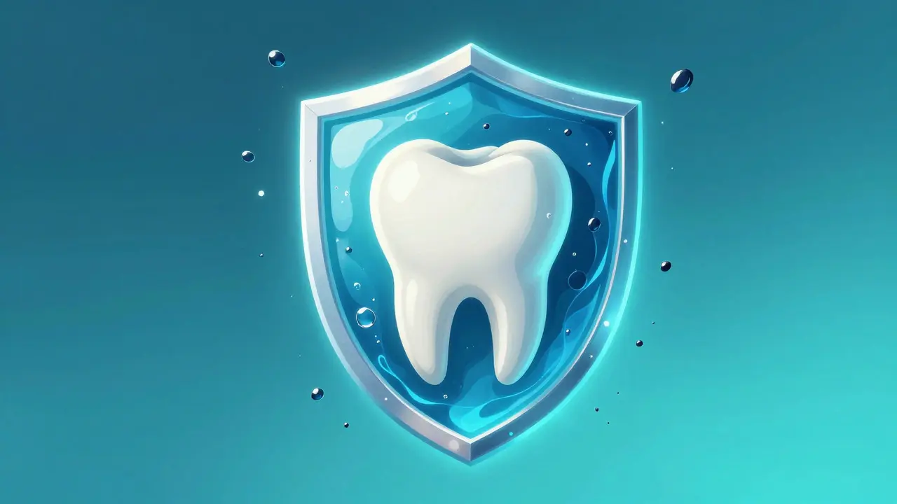 Konceptuální ilustrace ochrany zubů slinami a fluoridy
