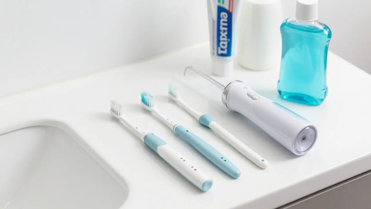 Sada nástrojů pro ústní hygienu: kartáček, mezizubní kartáčky a irigátor
