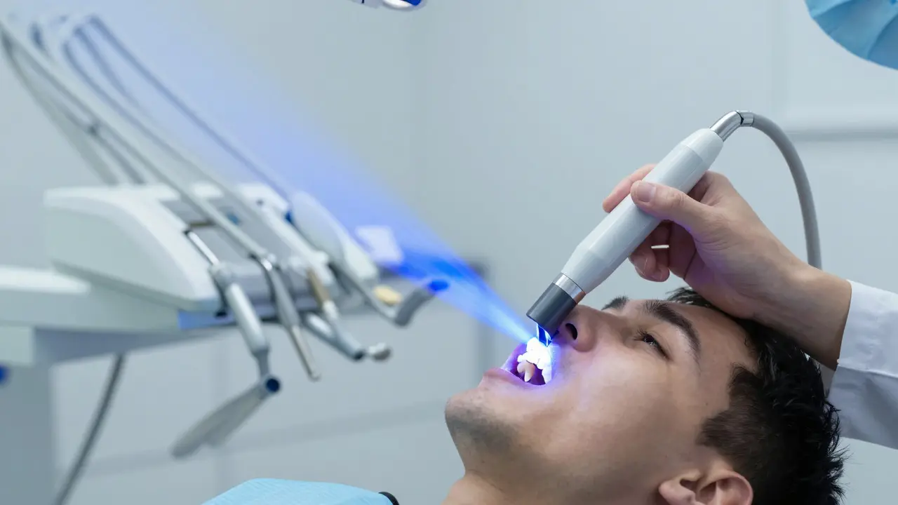 Stomatolog používá světelné zařízení k diagnostice praskliny zubu v ordinaci