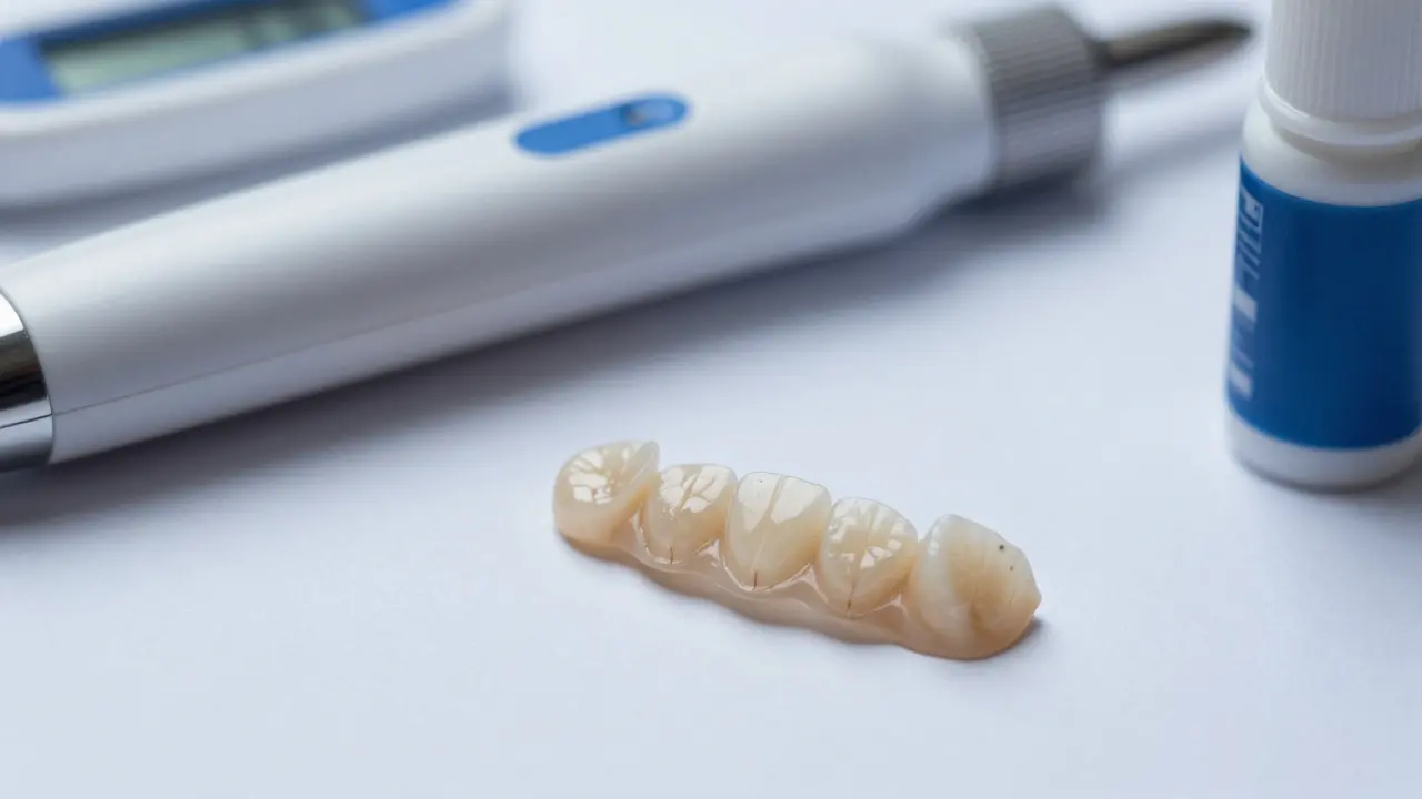 Tenké porcelánové vložky a digitální skener na sterilním stole v zubní laboratoři