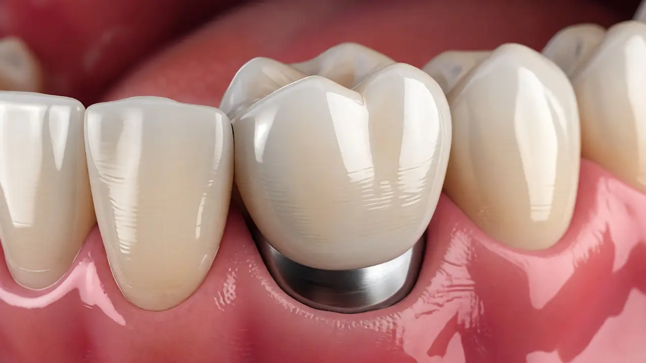 Detailní pohled na hotovou zubní korunku nasazenou na implantát s zdravými dásněmi.