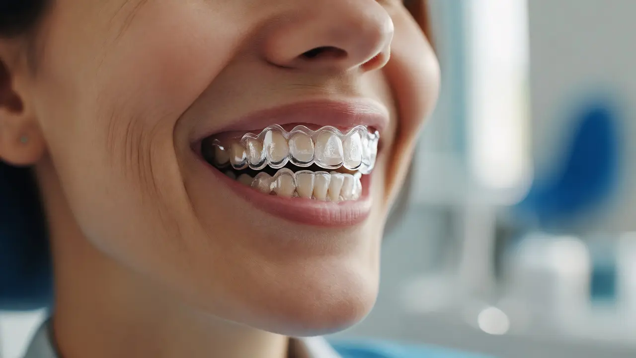 Dospělý pacient usmívající se s nasazenými průhlednými rovnátky Invisalign