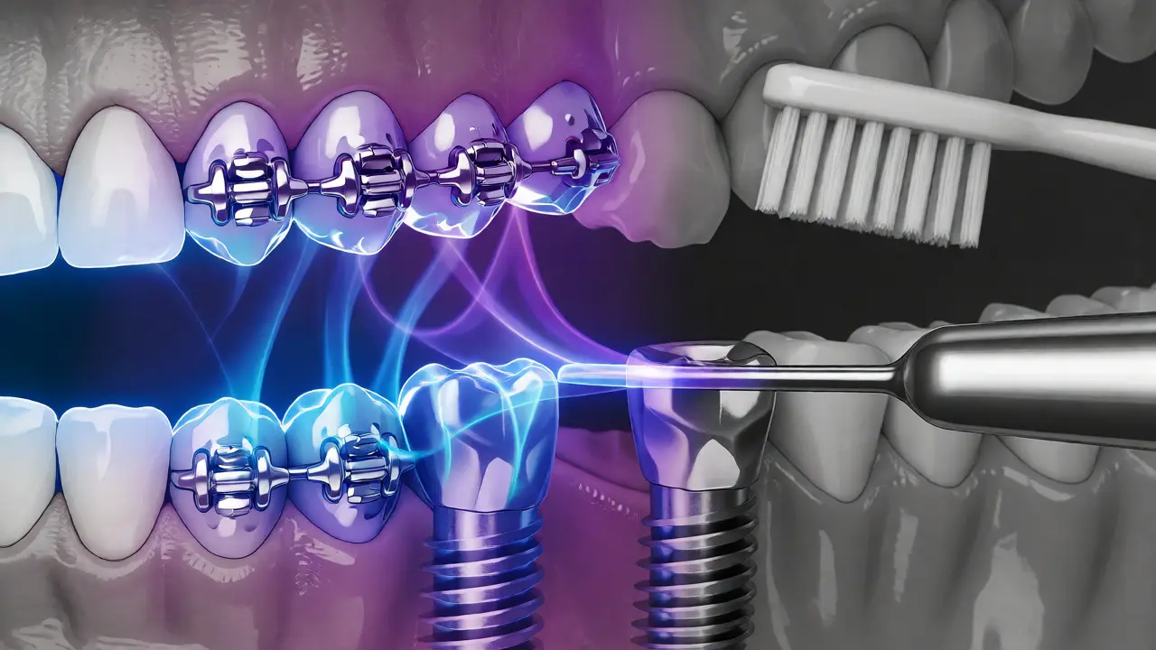 Ilustrace účinnosti ultrazvuku u rovnátek a implantátů oproti běžnému kartáčku.