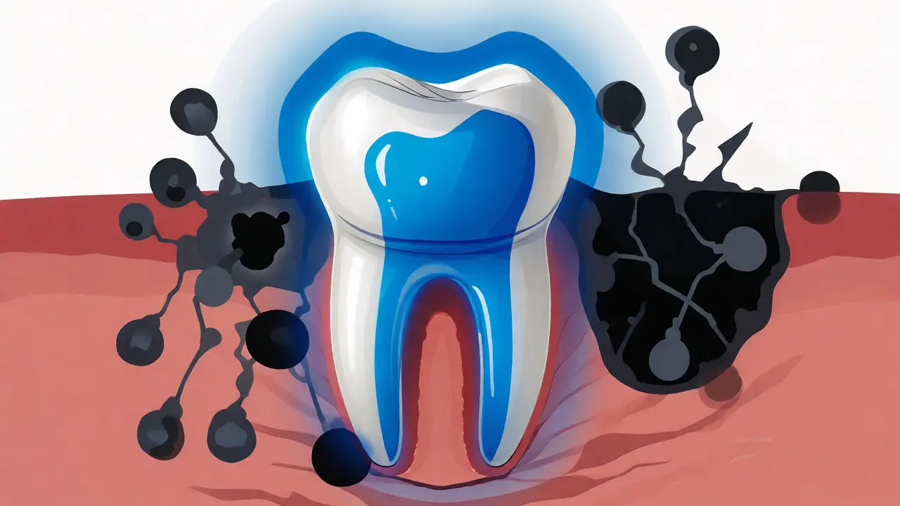 Ilustrace zdravého mléčného zubu chráněného fluoridovou vrstvou před bakteriemi a kazem.