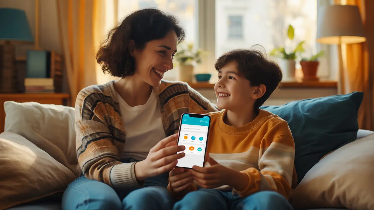 Matka s dítětem používají mobilní aplikaci pro žádost o příspěvek
