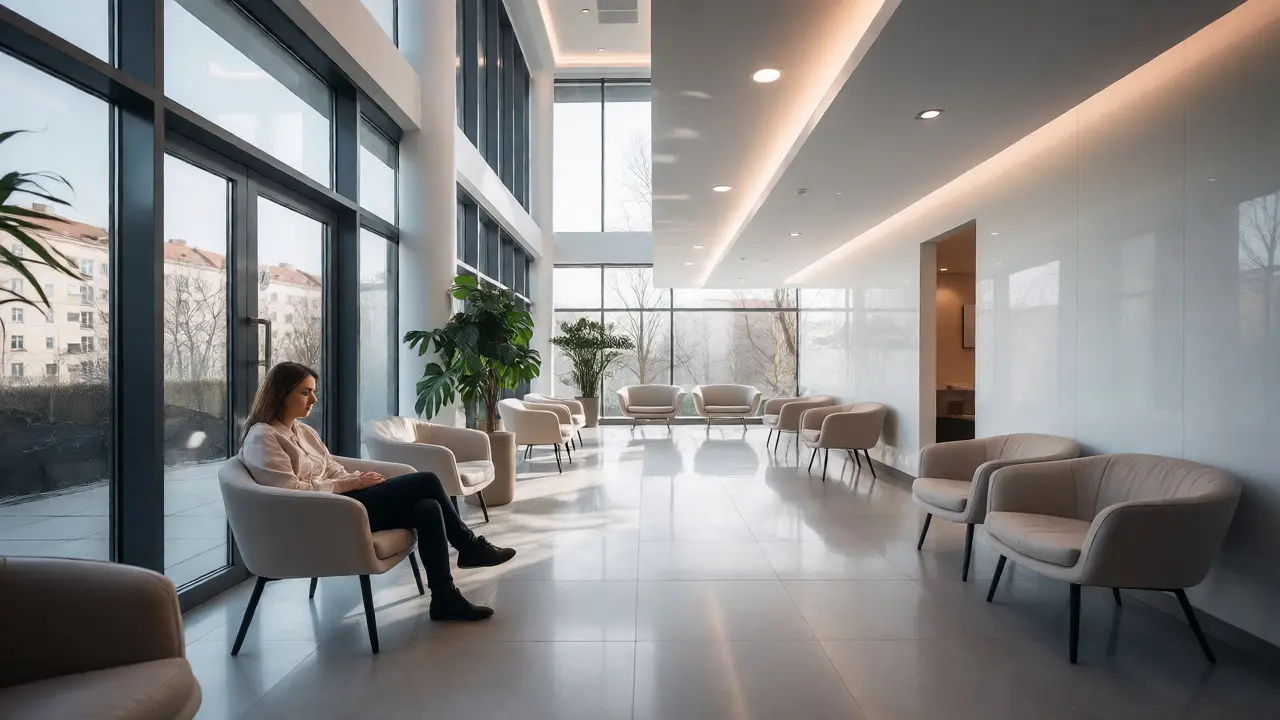 Moderní čekárna zubní kliniky s relaxujícím pacientem