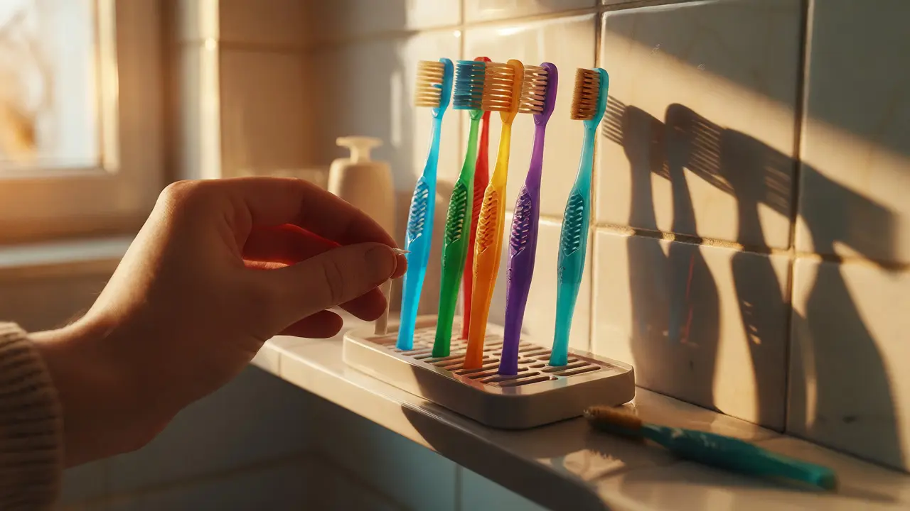 Organizované stojánky s čerstvými mezizubními kartáčky v koupelně.