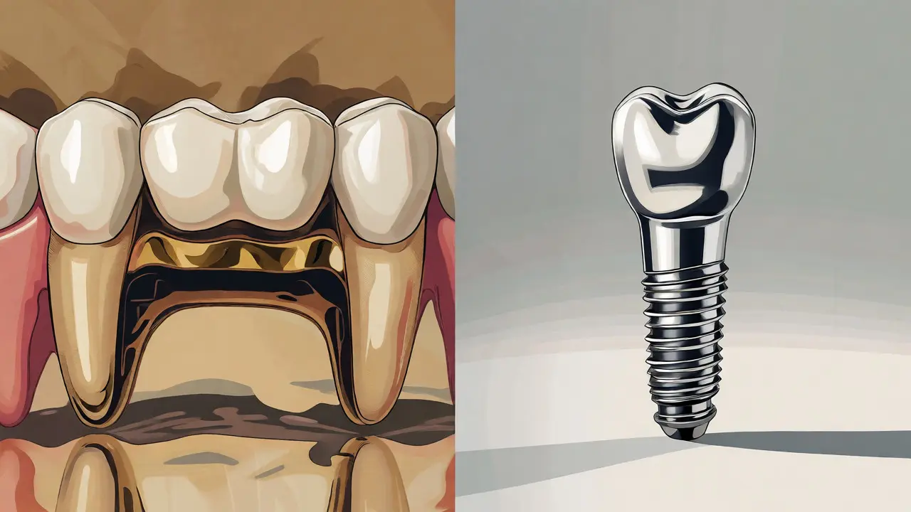 Porovnání zubního můstku a samostatného zubního implantátu jako řešení mezery.