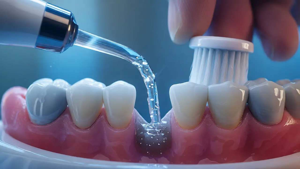 Použití vodního irigátoru pro čištění zubních implantátů a mostků