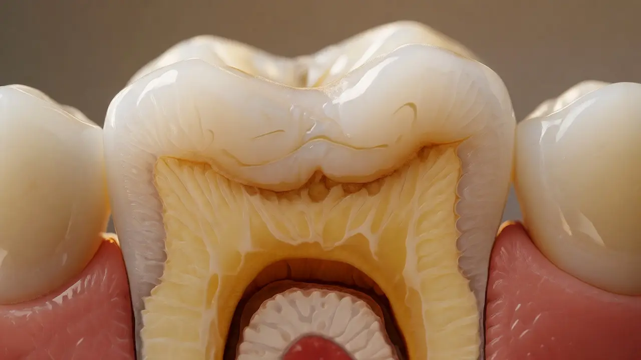Řez zubem ukazující vrstvy skloviny, dentinu a dřeně s prosvítající žlutou barvou