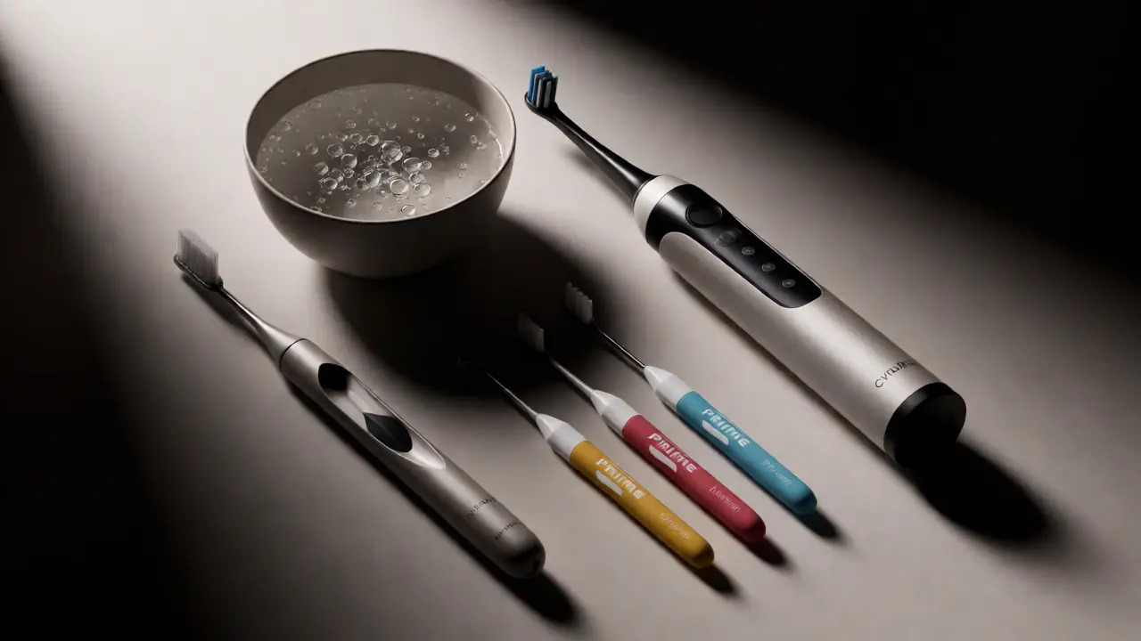 Sada produktů Curaprox včetně elektrického kartáčku Hydrosonic a mezizubních kartáčků.