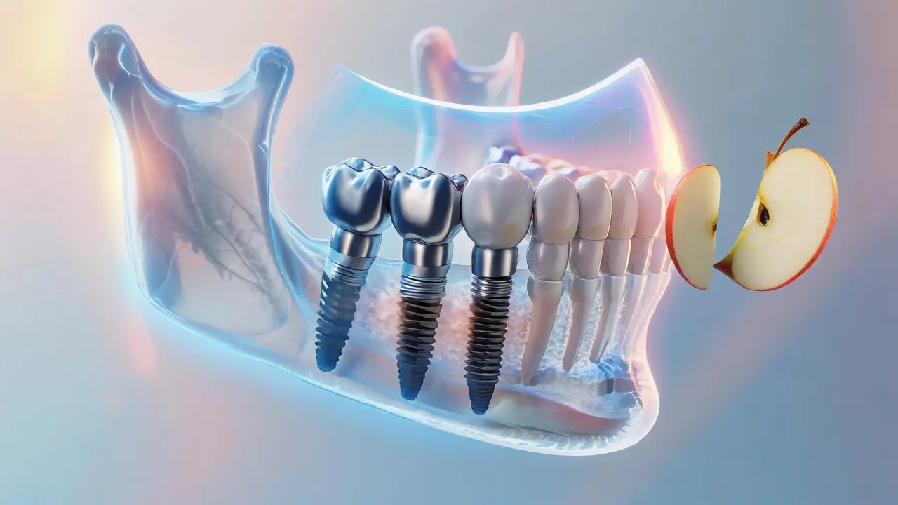 Stylizovaná ilustrace zdravých zubních implantátů a bezpečných návyků