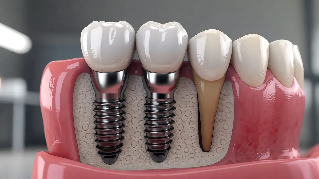 Titanový zubní implantát integrovaný do čelistní kosti s keramickou korunou.