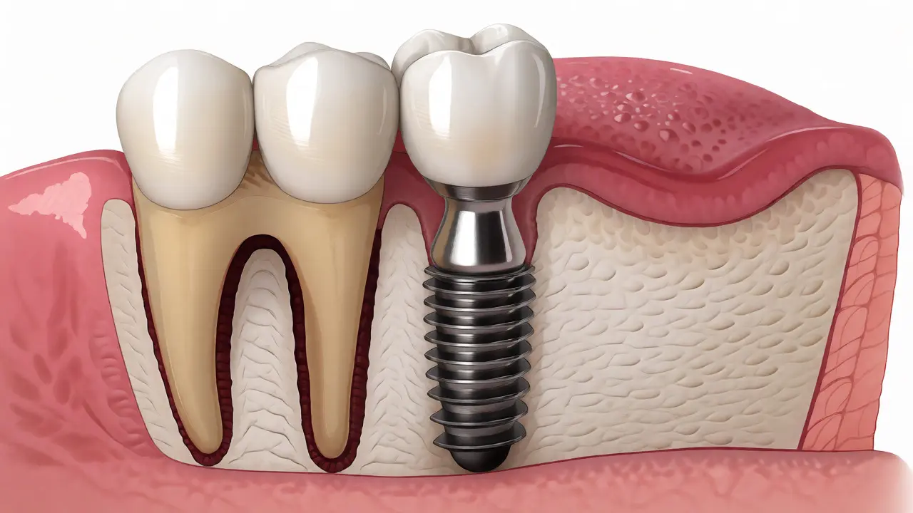 Anatomický řez čelistí s titánovým zubním implantátem a keramickou korunkou