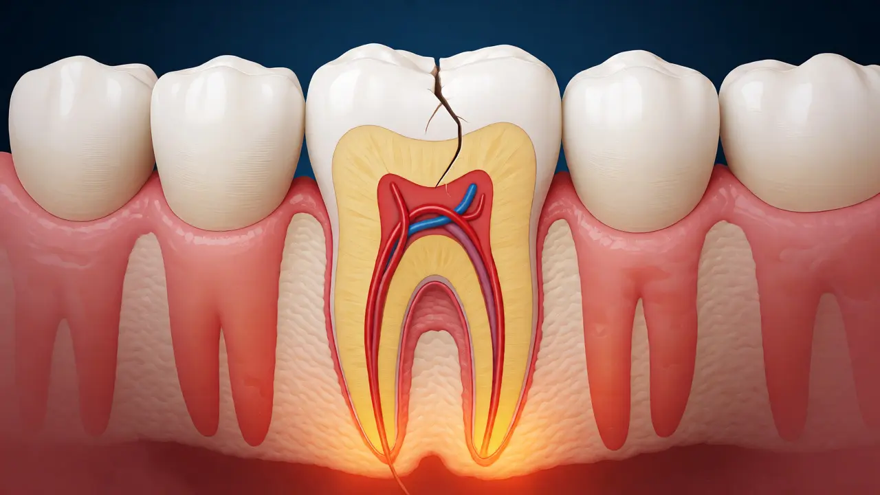 Anatomický řez zubem s viditelnou dření a zánětem u kořene