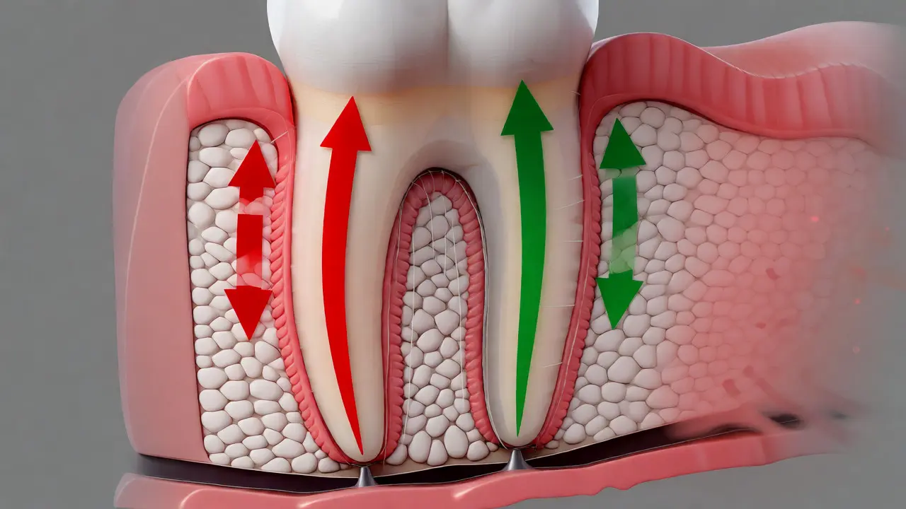 Anatomický řez zubem ukazující kostní remodelaci
