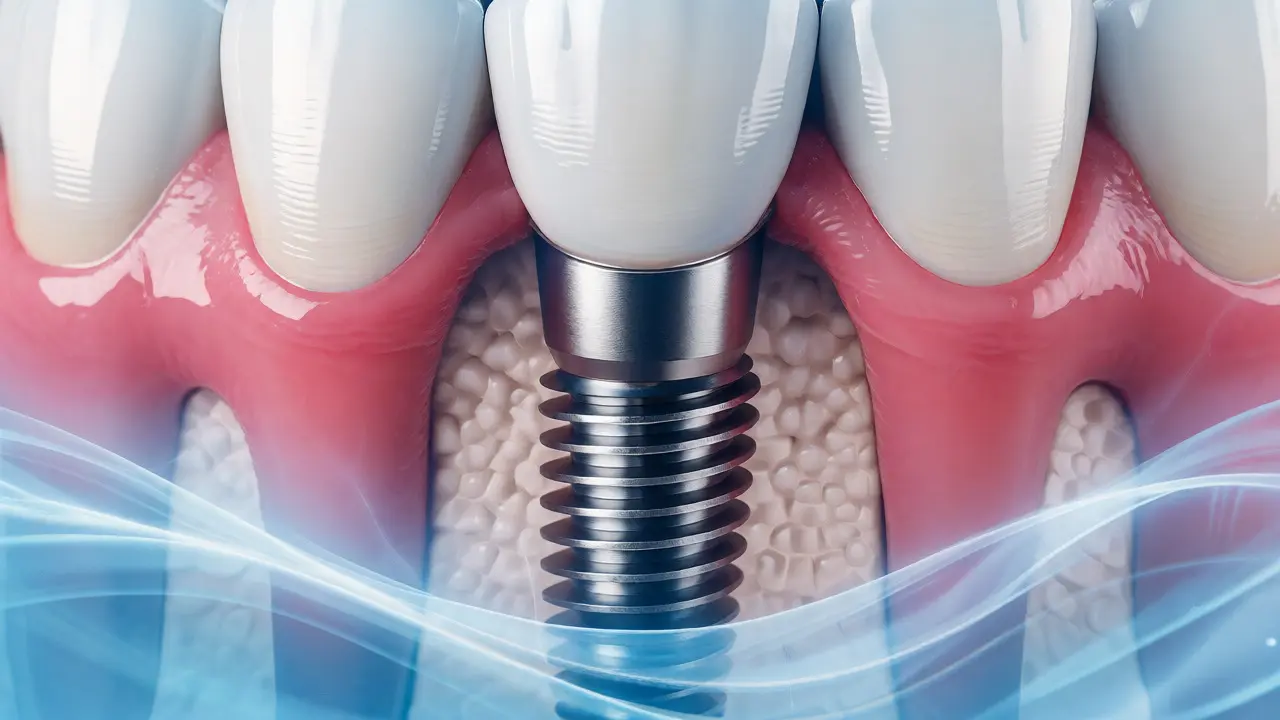 Detailní makro snímek titanového zubního implantátu v čelisti.