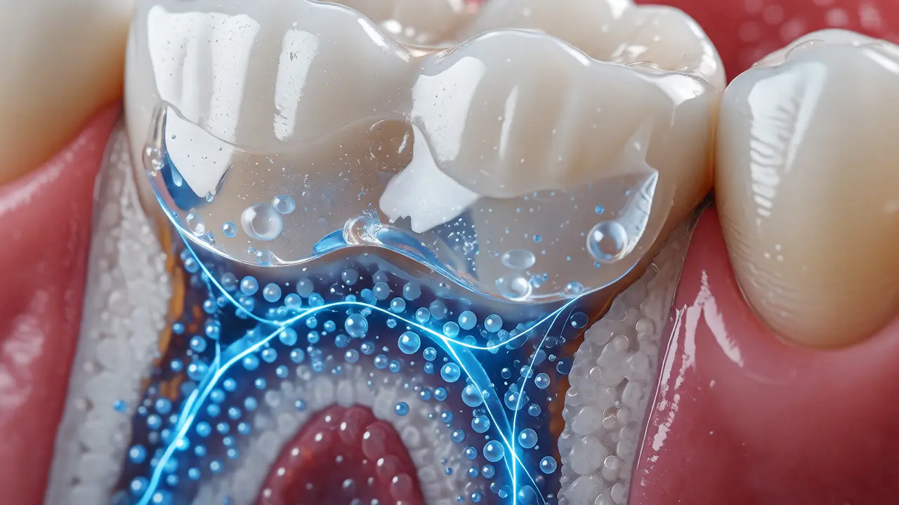 Detailní pohled na bělící gel chránící nervy v zubu