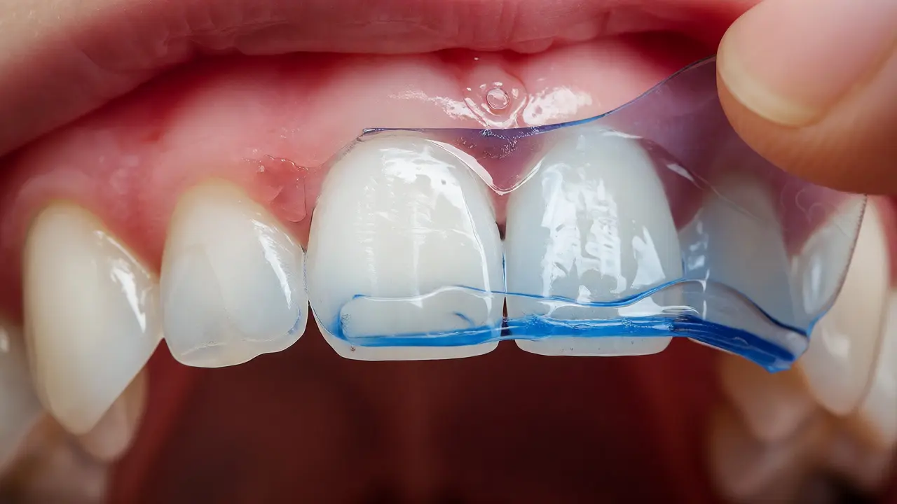 Detailní záběr na aplikaci průhledného bělicího gelu na zuby