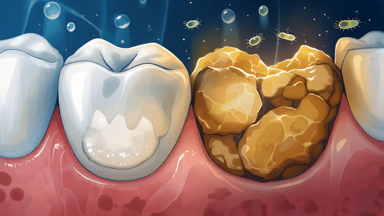 Ilustrace přeměny měkkého plaku na tvrdý zubní kámen v ústech dítěte