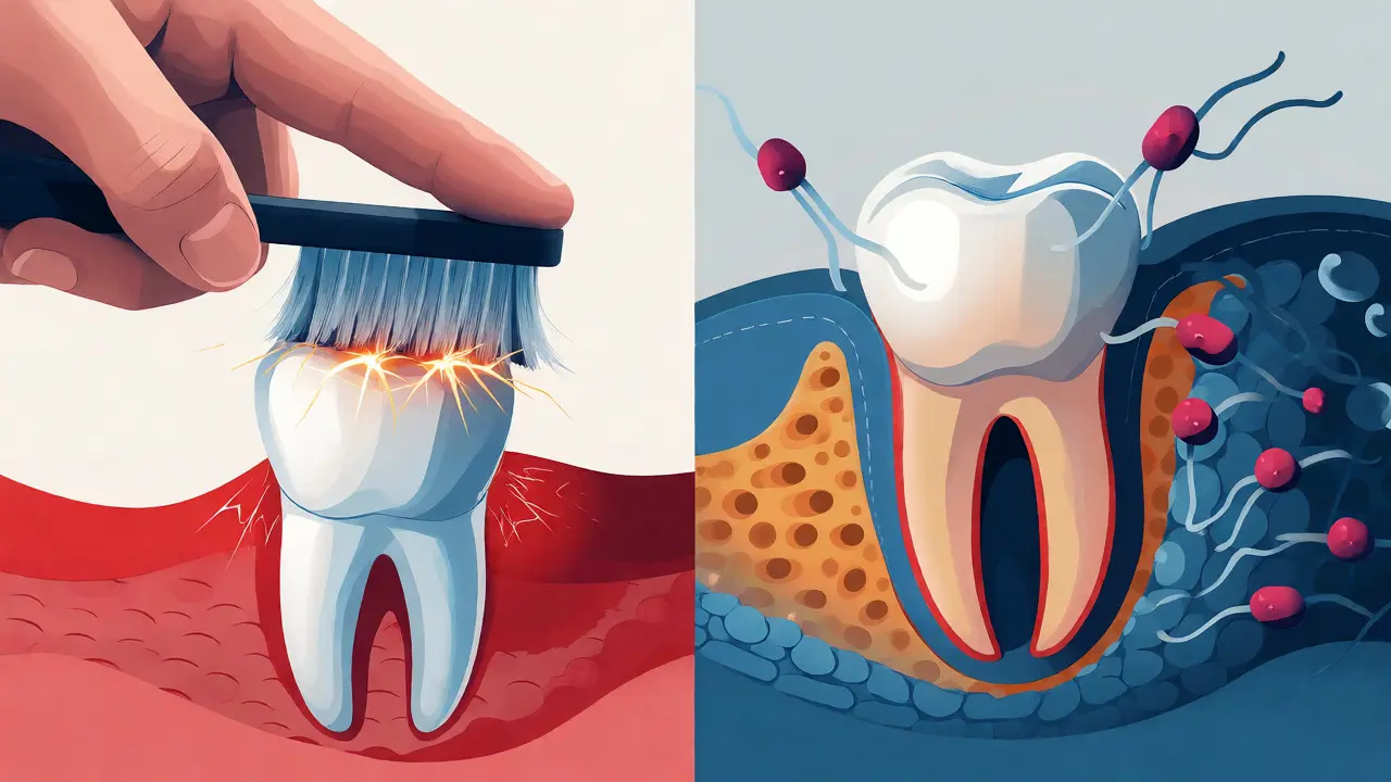 Ilustrace příčin ústupu dásní: agresivní kartáčování a bakteriální plak