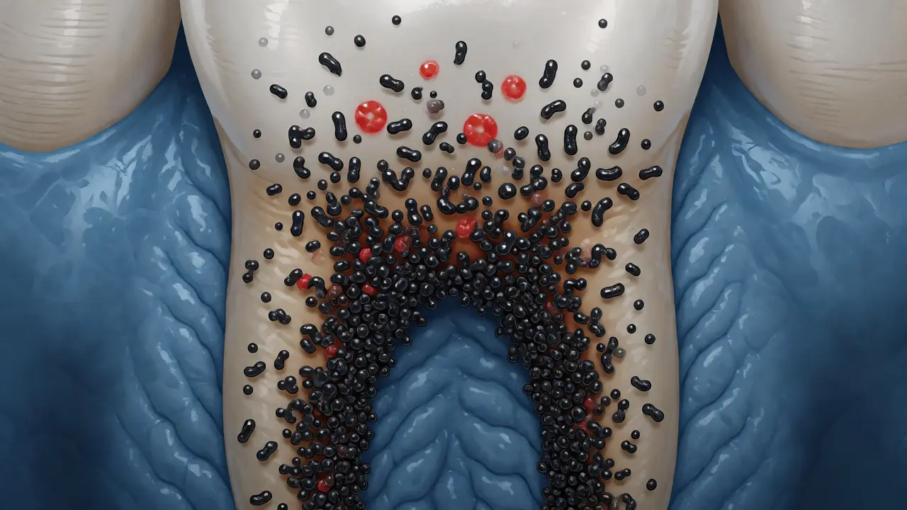 Ilustrace vzniku černého kamene reakcí bakterií s železem