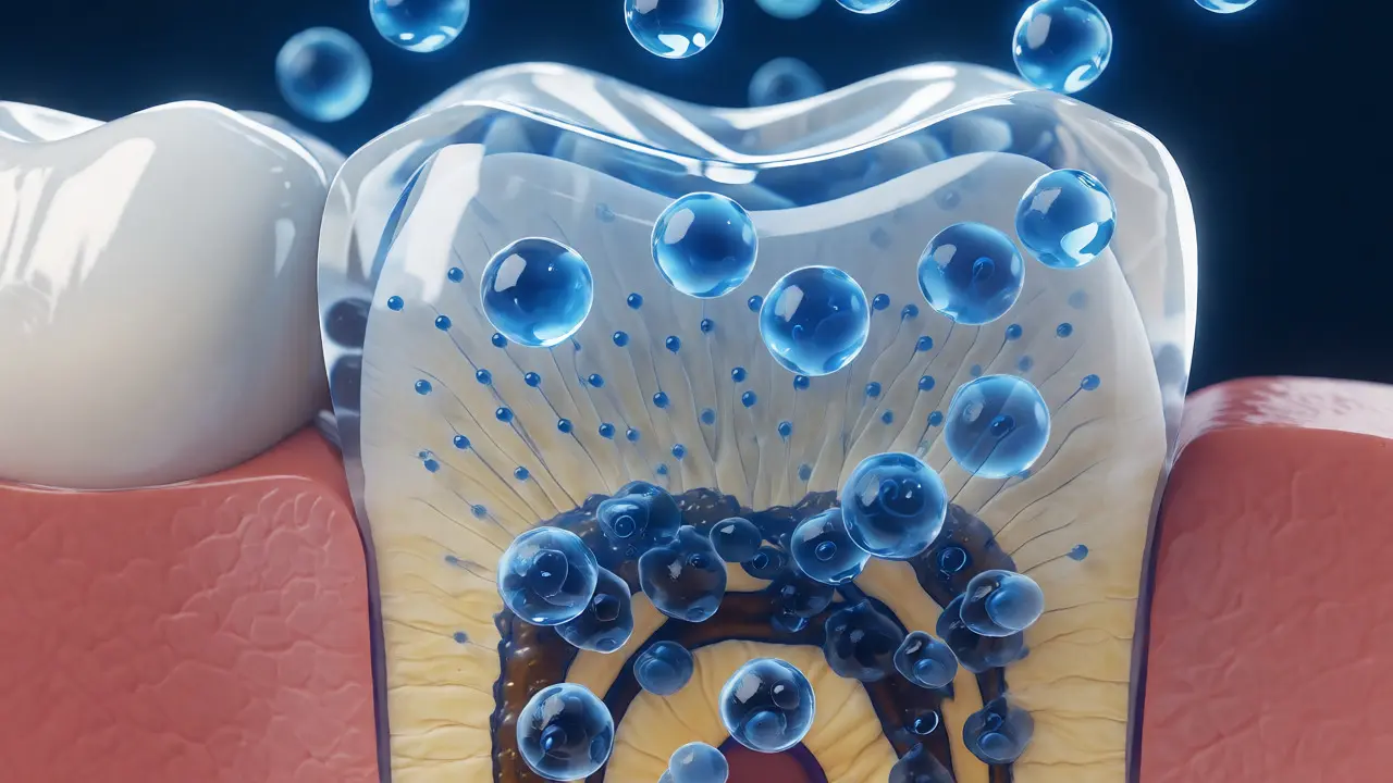 Medicínská ilustrace řezu zubem s pronikajícím bělicím gelem do dentinu
