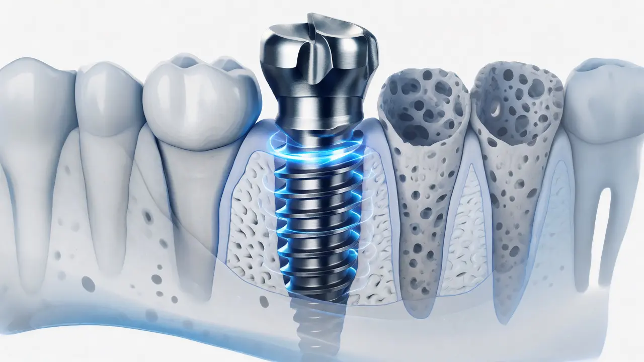 Medicínská ilustrace zubního implantátu integrovaného do čelistní kosti