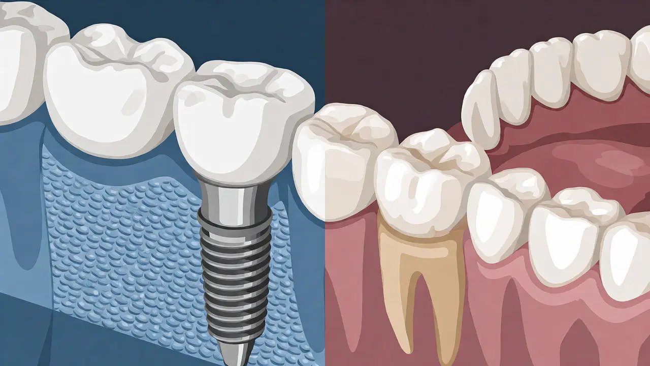 Porovnání životnosti implantátu s můstkem a protézou v ilustraci