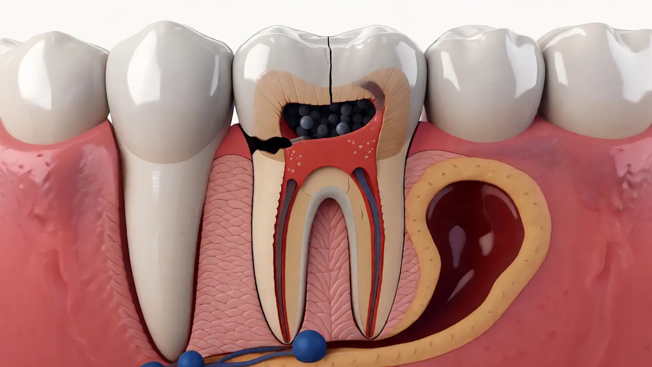 Průřez řezákem znázorňující šíření infekce do kořene